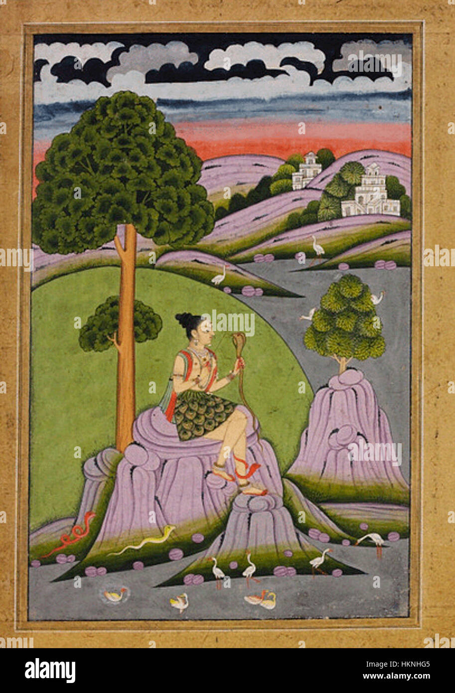 *Asavari Ragini* ist ein klassisches indisches Gemälde, das den traditionellen Kunststil des Ragamala widerspiegelt. Das Stück repräsentiert den *Asavari* Raga, der eine spezifische emotionale Stimmung und spirituelle Verbindung in der indischen Musik und Kunst hervorruft. Stockfoto