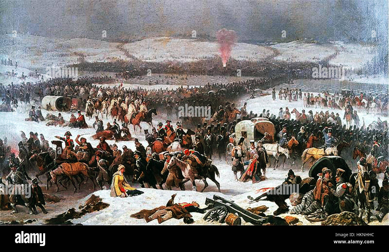 Dieses historische Gemälde zeigt die Schlacht von Berezina, ein bedeutendes Ereignis während Napoleons Russlandfeldzug 1812. Das Kunstwerk fängt das Chaos und die Intensität der Schlacht ein und veranschaulicht den Kampf um das Überleben, während die französische Armee um die Überquerung des Beresina-Flusses kämpfte. Stockfoto