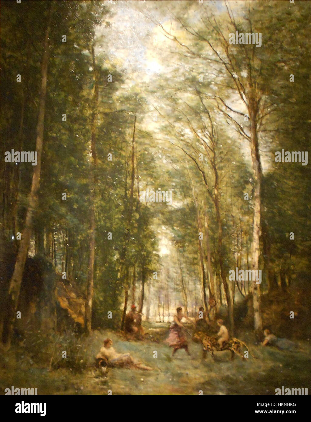 Dieses Gemälde, „Bacchanal am Frühling Souvenir von Marly-le-ROI“, fängt den Geist der klassischen Mythologie ein. Die Szene zeigt das Schwelen des Weingottes Bacchus in einer üppigen, idyllischen Umgebung von Marly-le-ROI. Stockfoto