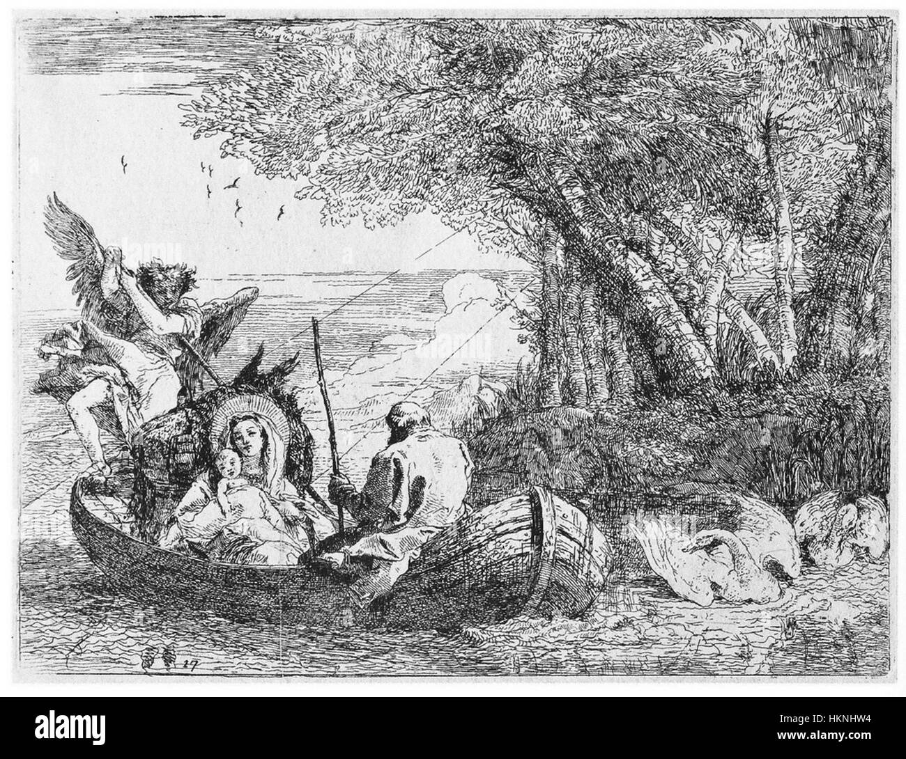 Das Gemälde „Idee Pittorische sulla Fuga in Egitto“ erforscht die biblische Erzählung der Flucht der Heiligen Familie nach Ägypten. Das Kunstwerk präsentiert die Reise durch eine Landschaft voller dramatischer Himmel und Symbolismus. Der Fokus auf Licht und Schatten spiegelt die emotionale und spirituelle Schwerkraft des Augenblicks wider. Stockfoto