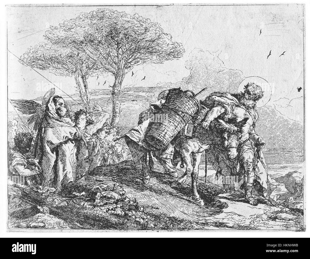 Dieses Stück mit dem Titel '22. Idee Pittoresche sulla Fuga in Egitto' präsentiert eine Reihe malerischer Ideen, die die Flucht der Heiligen Familie nach Ägypten darstellen. Das Kunstwerk beschäftigt sich mit religiösen Themen mit einem Schwerpunkt auf der Reise. Stockfoto