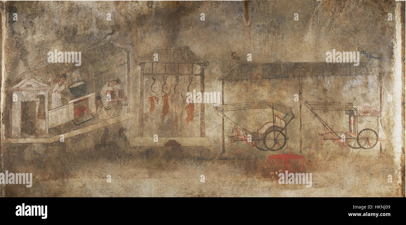 Anakkitchen ist ein Kunstwerk, das die Verschmelzung von historischen und kulturellen Elementen widerspiegelt und eine visuelle Darstellung der kulinarischen Kultur in einem historischen Kontext bietet. Das Stück zeigt künstlerische Interpretation des Alltags. Stockfoto