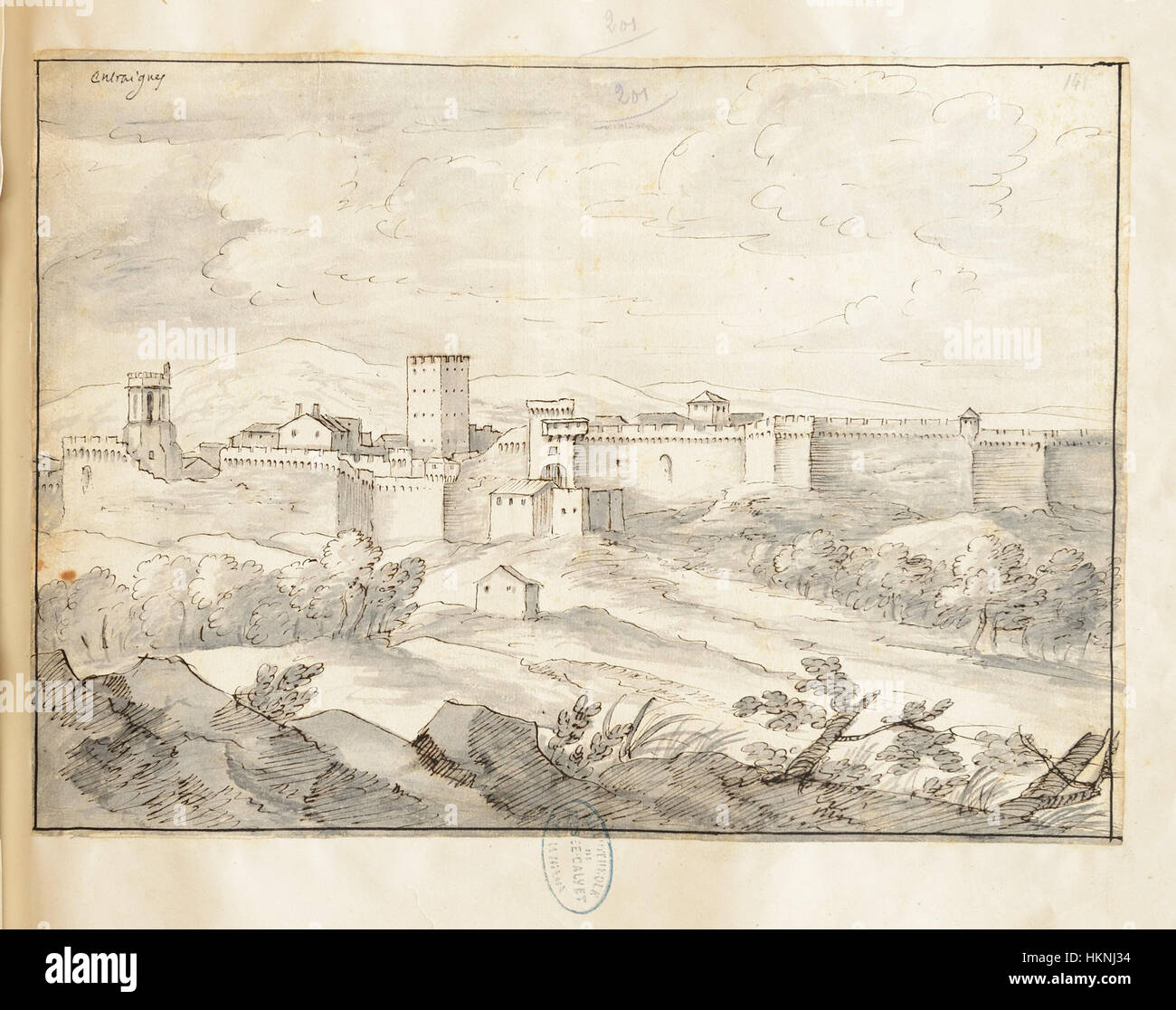 *Album Laincel 201 Entraigues* ist eine Serie historischer Gemälde und Skizzen, die Entraigues dokumentieren. Die Werke erfassen das kulturelle und soziale Leben der Gegend durch detaillierte Darstellungen von Landschaften und Figuren. Stockfoto