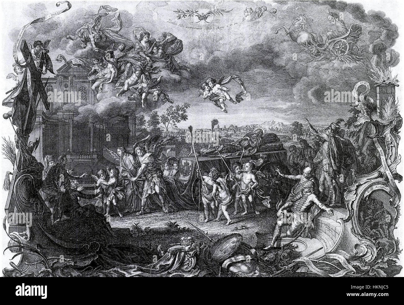 Dieses große historische Gemälde „die Apotheose Ludwigs II. Von Ungarn“ von Baumgartner zeigt die posthume Vergöttlichung des ungarischen Königs Ludwig II. Nach seinem Tod in der Schlacht. Das Gemälde stellt ihn als Heldenfigur dar, die sein Martyrium und den Nationalstolz Ungarns feiert. Stockfoto