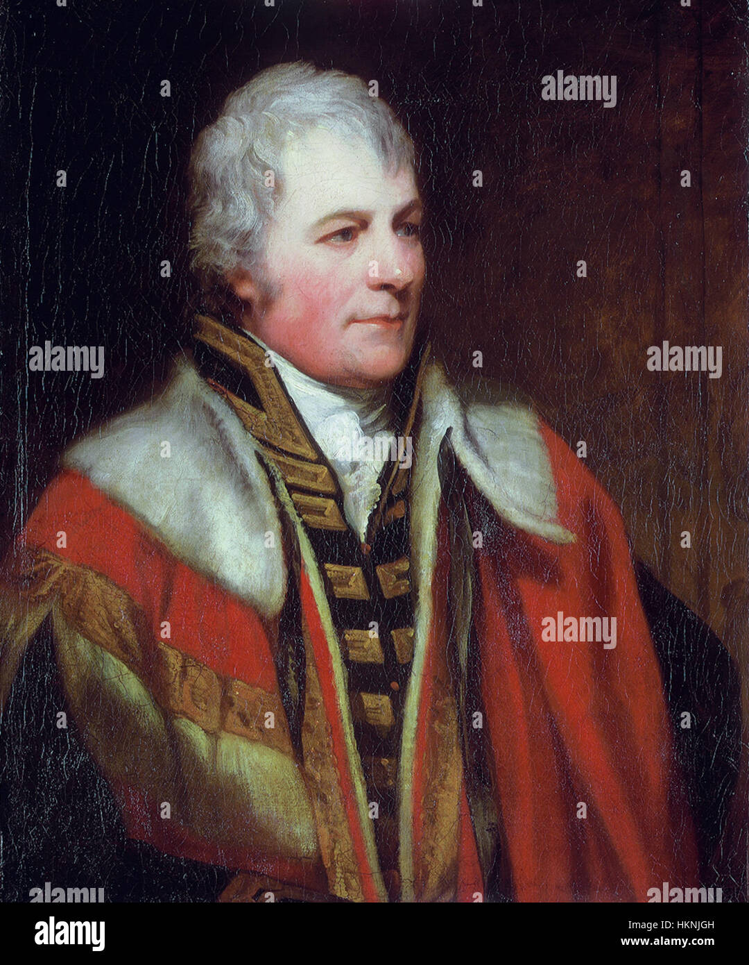 Dieses Porträt von William Carnegie, gemalt von Thomas Phillips, fängt das würdevolle Aussehen des britischen Aristokraten des 18. Jahrhunderts ein. Das Ölgemälde ist ein schönes Beispiel britischer Porträts aus der späten georgischen Zeit, geprägt von formaler Komposition und sorgfältiger Liebe zum Detail. Stockfoto