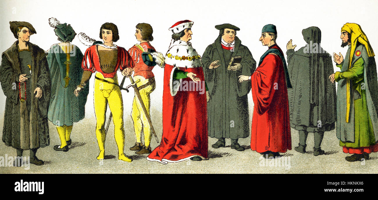 Die Zahlen, die hier vertreten sind deutsche zwischen 1500 und 1550. Sie sind von links nach rechts: zwei Patrizier, zwei Krieger, ein Kurfürst, Martin Luther, ein Mann des Lernens, ein Trauernder und ein Jude. Der Titel "Kurfürst" war der Titel ein deutschen Prinzen berechtigt zur Teilnahme an der Wahl des Heiligen Römischen Reiches. Die Abbildung stammt bis 1882. Stockfoto