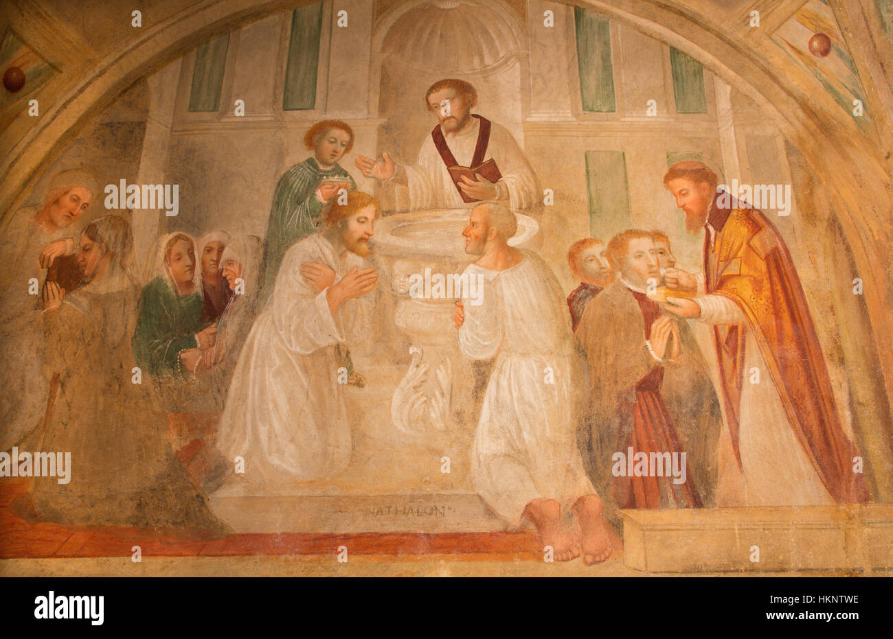 BRESCIA, Italien - 21. Mai 2016: Das Fresko von Taufe und Abendmahl in der Kirche Chiesa di San Pietro in Olvieto von Paolo da Caylina il Giovane Stockfoto