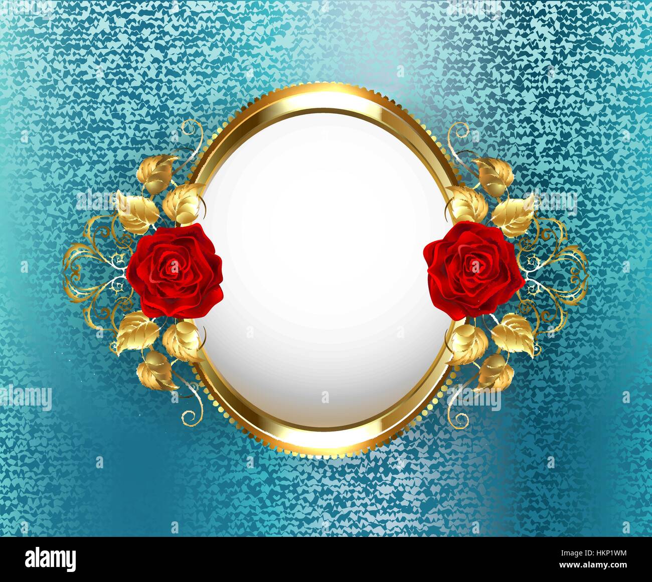 Ovaler Goldrahmen mit roten Rosen auf Türkis, Brokat Hintergrund. Design mit Rosen. Stock Vektor