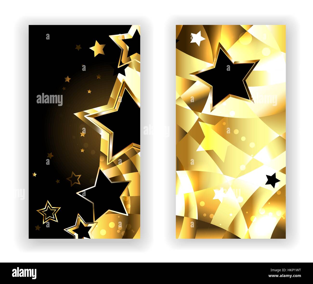 Zwei Banner mit goldenen Sternen und goldener Textur. Design mit goldenen Sternen. Stock Vektor
