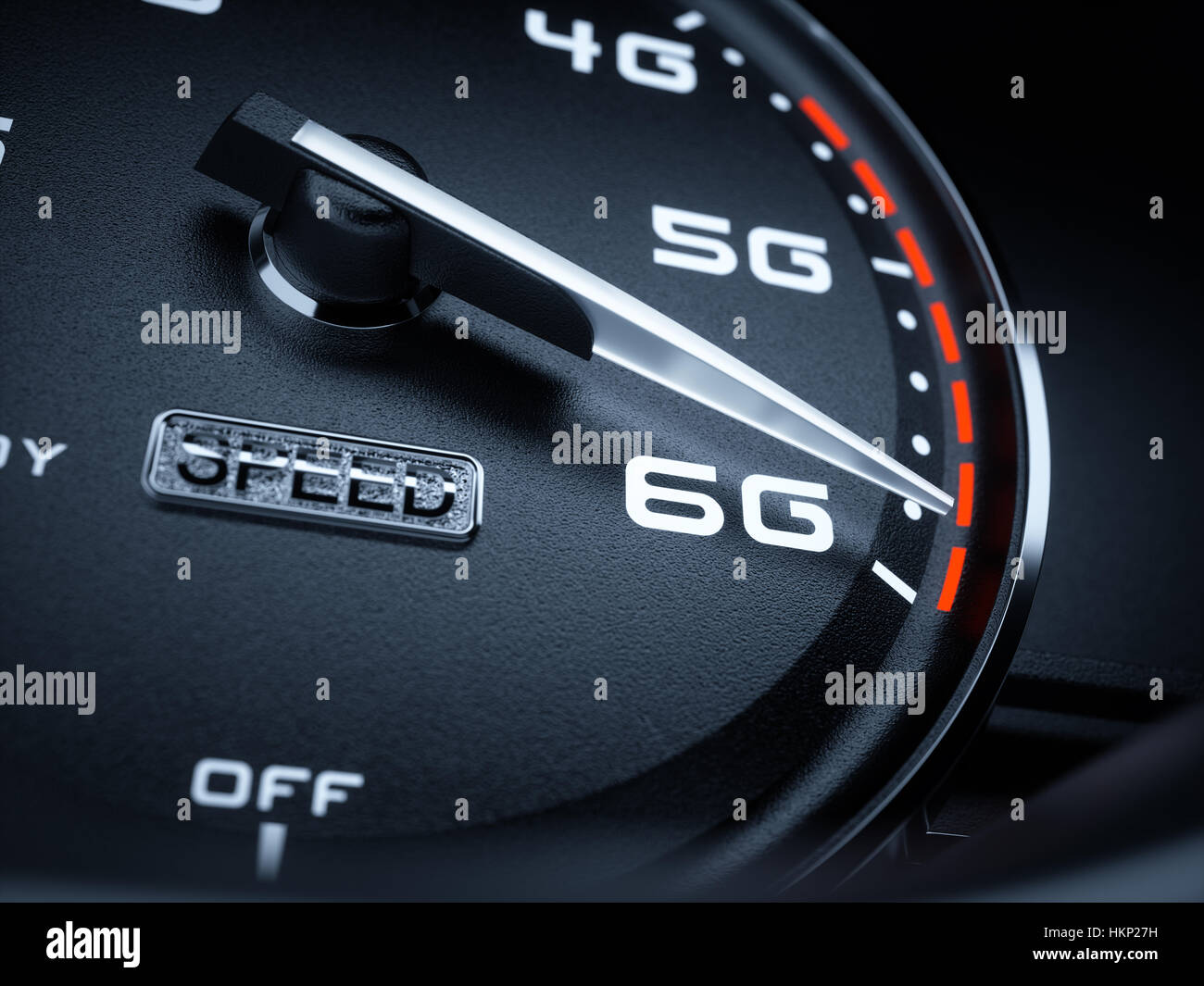 Drahtloses Netzwerk Geschwindigkeit Konzept, Tacho-6G-Entwicklung. 3D-Rendering Stockfoto