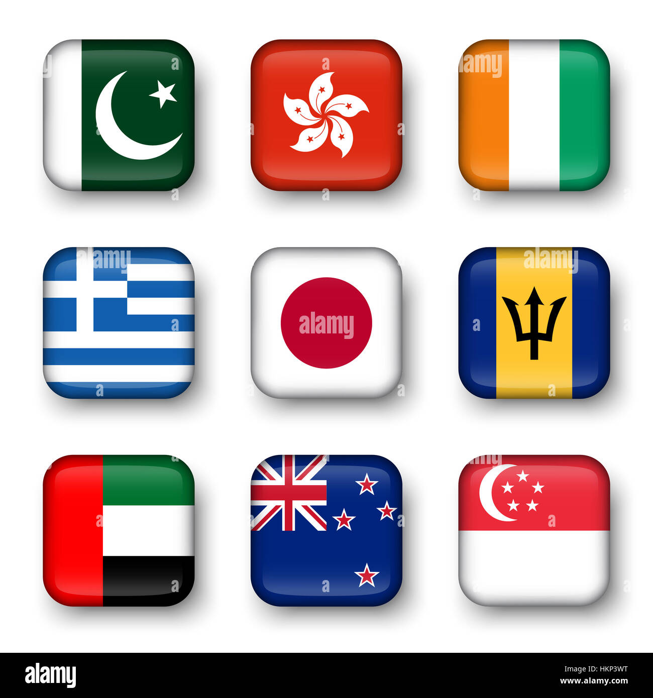 Satz der Welt kennzeichnet viereckige Abzeichen (Pakistan. Hong Kong. Côte d ' Ivoire. Griechenland. Japan. Barbados. VEREINIGTEN ARABISCHEN EMIRATEN. Neuseeland. Singapur) Stockfoto