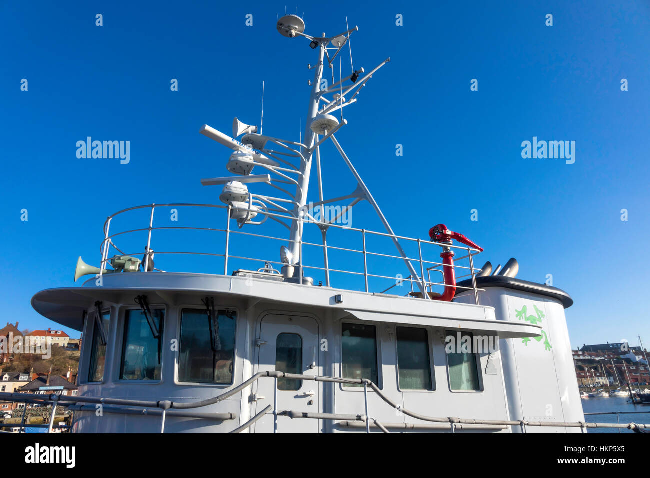 Kann man eine Yacht macht ein American Tug in seiner Heimat Hafen von Whitby Überbau Detail nachempfunden Stockfoto