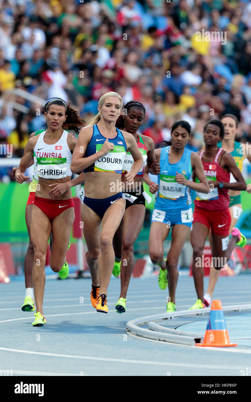 Rio De Janeiro, Brasilien. 13. August 2016.  Leichtathletik, Emma Coburn (USA) im Wettbewerb der Frauen 3000m Hindernislauf Vorlauf die 2016 Olympischen Sommer-Ga Stockfoto