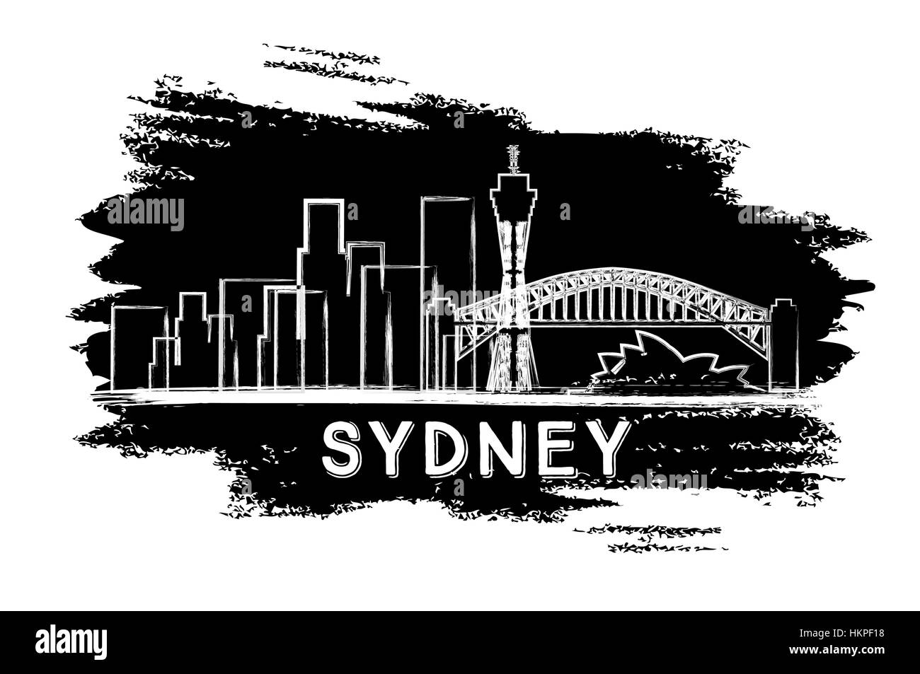 Sydney Skyline Silhouette. Hand gezeichnete Skizze. Vektor-Illustration. Geschäftsreisen und Tourismus-Konzept mit historischer Architektur. Stock Vektor
