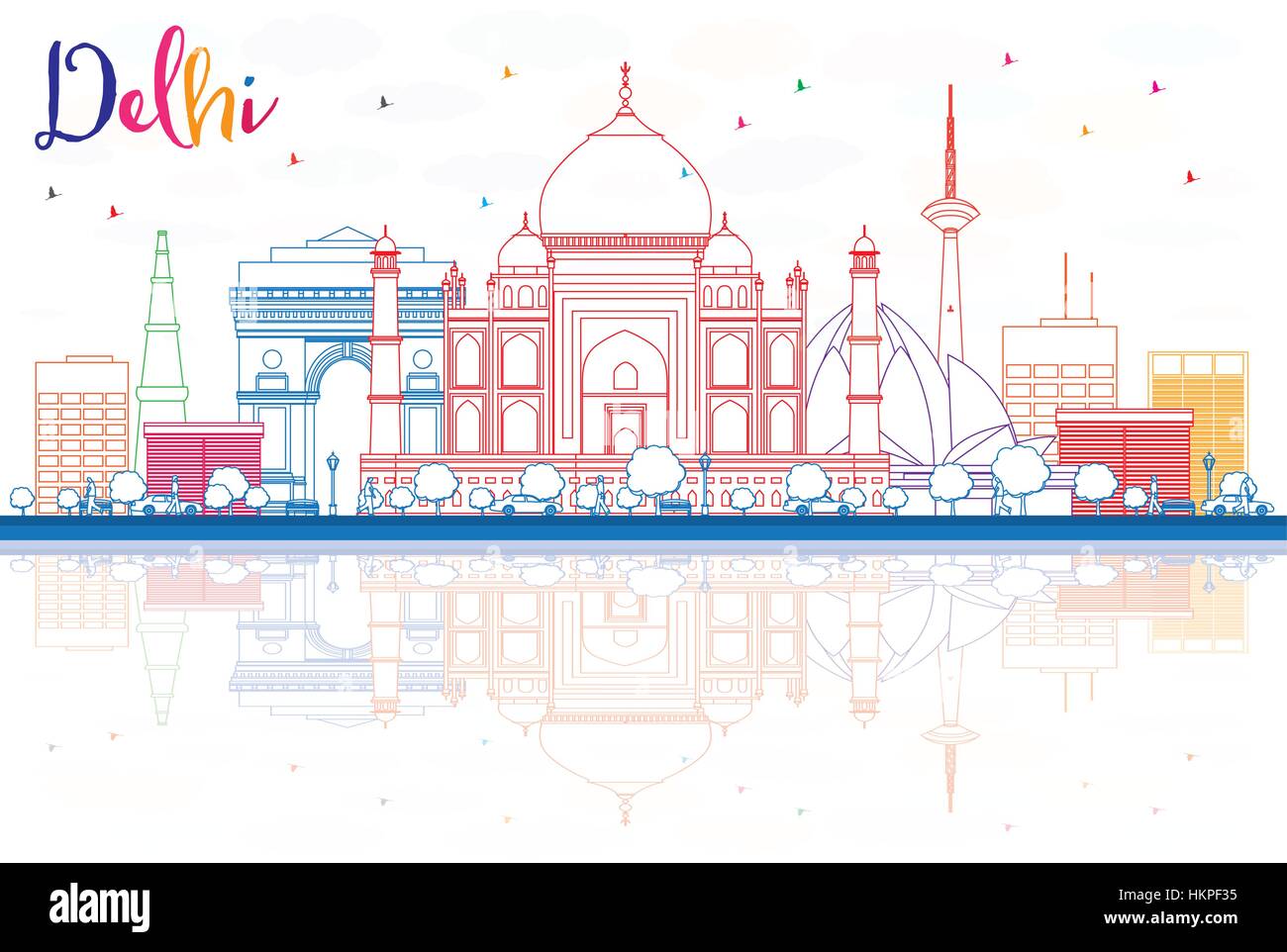 Umriss-Delhi Skyline mit Farbe Gebäuden und Reflexionen. Vektor-Illustration. Geschäftsreisen und Tourismus-Konzept mit historischen Gebäuden. Stock Vektor
