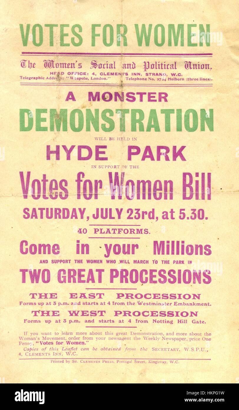 Suffragetten Plakat für Rallye im Hyde Park Stockfoto