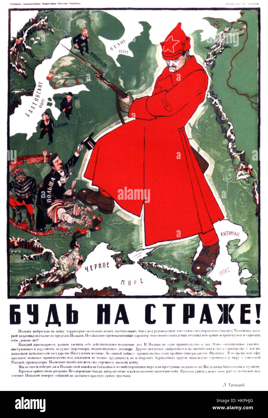 DMITRY MOOR (1883-1946), russischer Künstler. "Seien Sie auf Guard" zeigt ein Soldat der Roten Armee im polnisch-sowjetischen Krieg 1919-1921 mit Text von Leon Trotsky Stockfoto