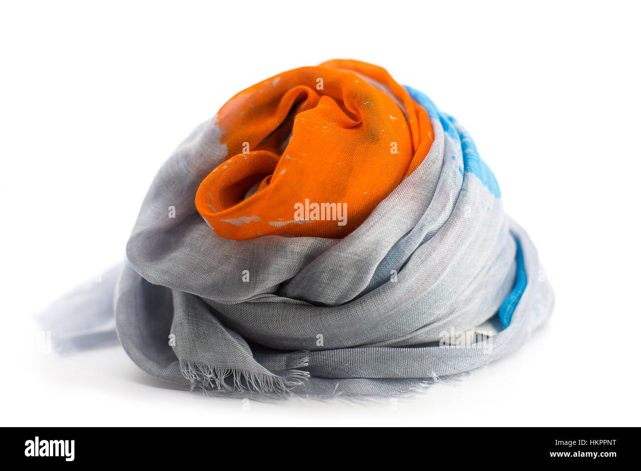 Leuchtend orange, grau, blau weiblich Schal Nahaufnahme Stockfoto