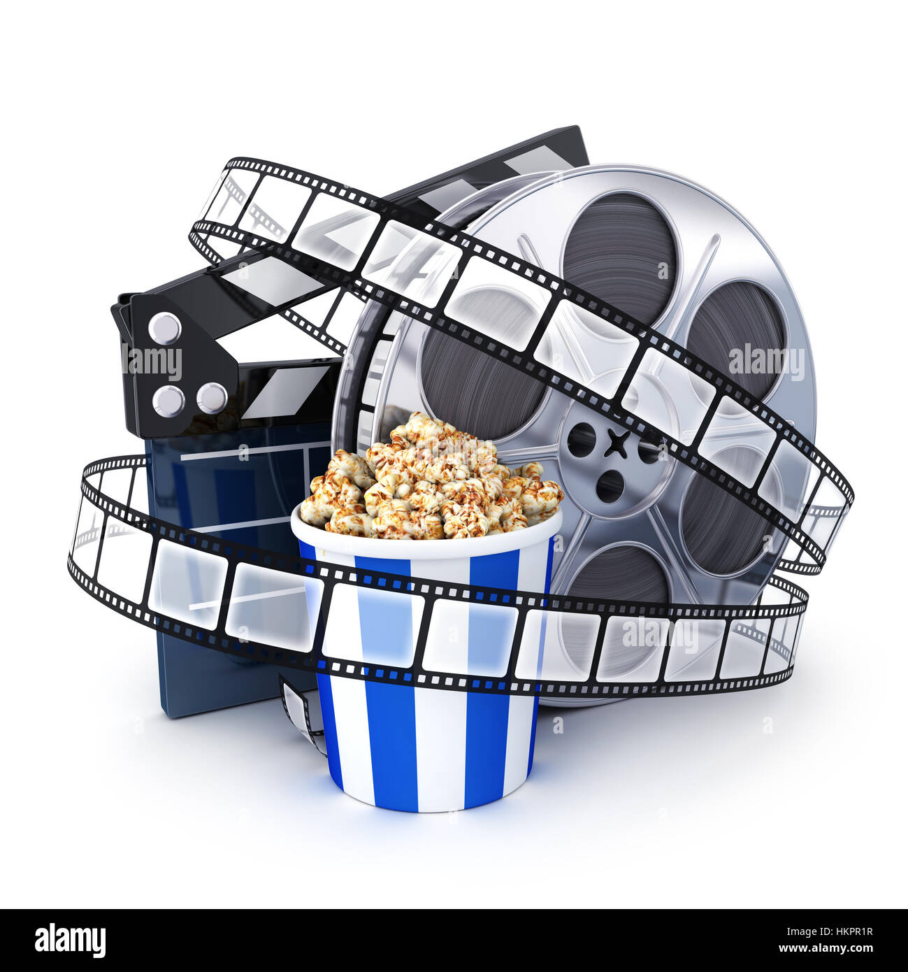 Spule Film, Zwischenablage und Popcorn. 3D illustration Stockfoto