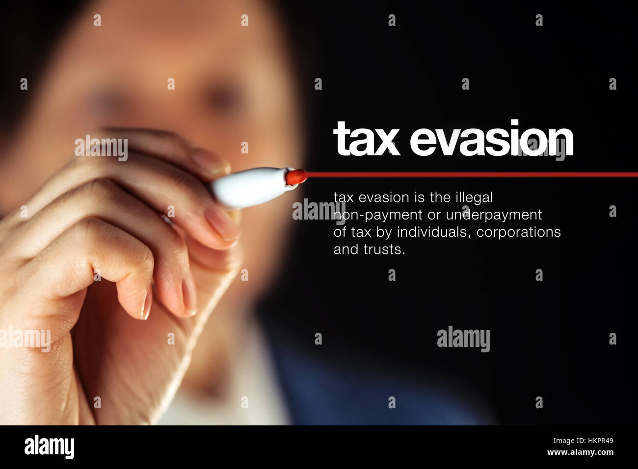 Steuerhinterziehung-Definition, illegale Nichtzahlung oder Unterbezahlung der Steuer von Einzelpersonen, Unternehmen und Stiftungen Stockfoto