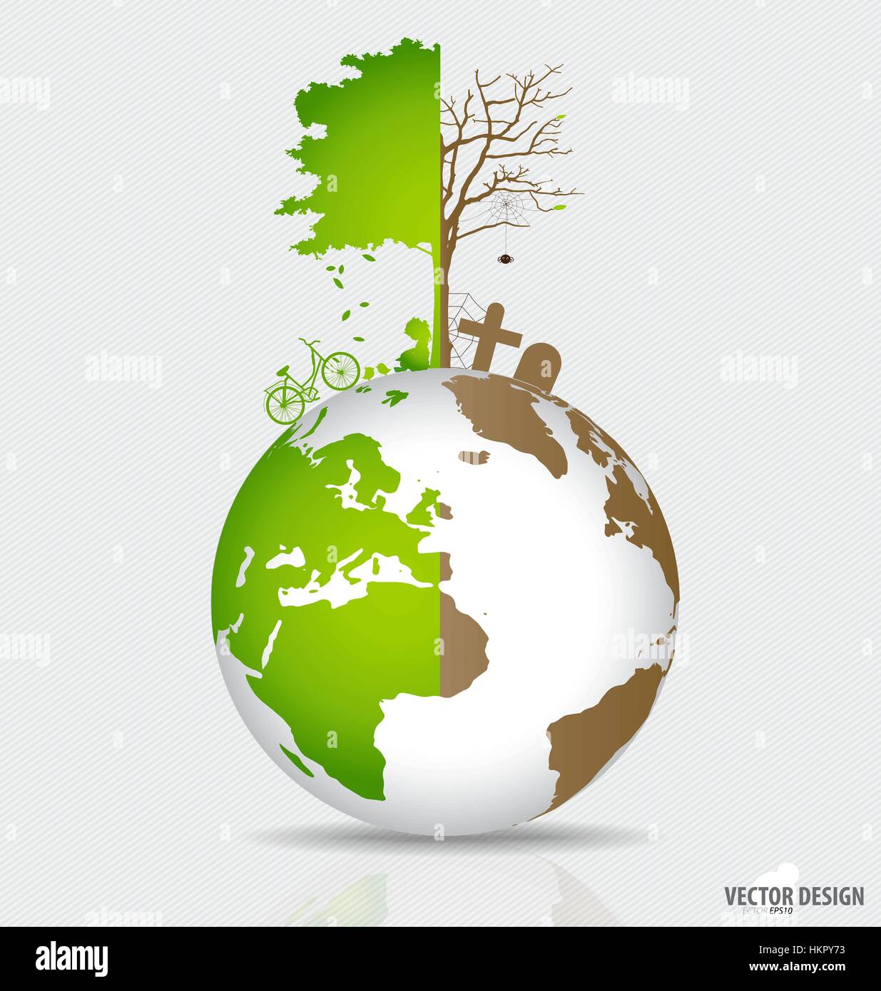 Rette die Welt, Baum auf einem abgeholzten Globus und grüne Welt. Vektor-Illustration. Stock Vektor