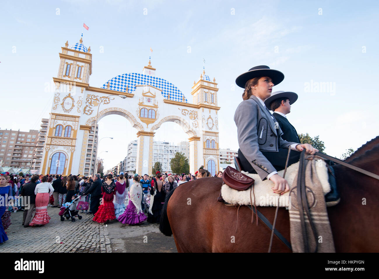 Der Sevilla-Messe (offiziell Feria de Abril de Sevilla, Sevilla April Fair) findet in der andalusischen Hauptstadt Sevilla. Stockfoto
