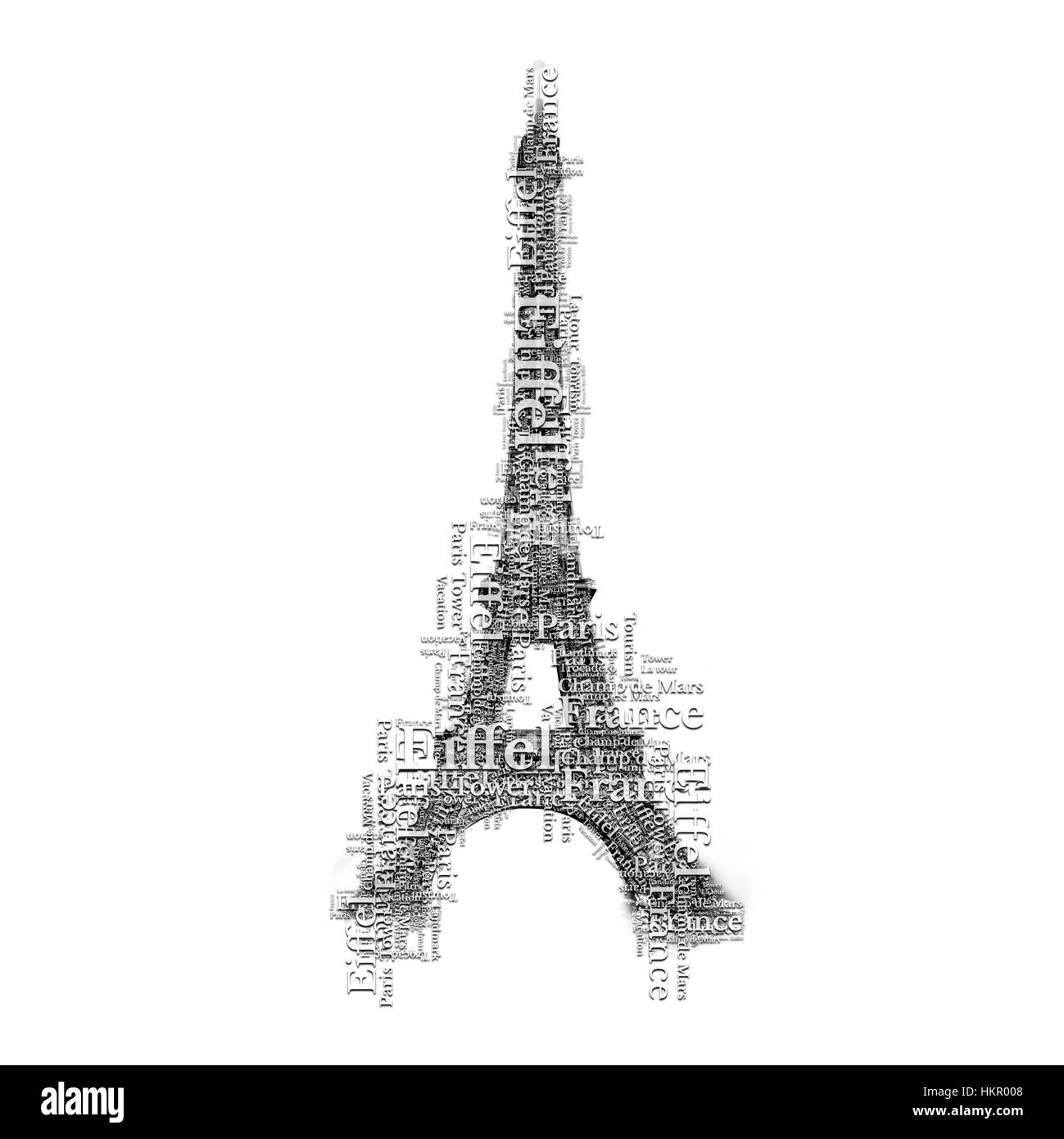 Eiffelturm in Paris machen vieler Worte. Schrift Kunst Symbol. Sehenswürdigkeit in Frankreich. Stockfoto
