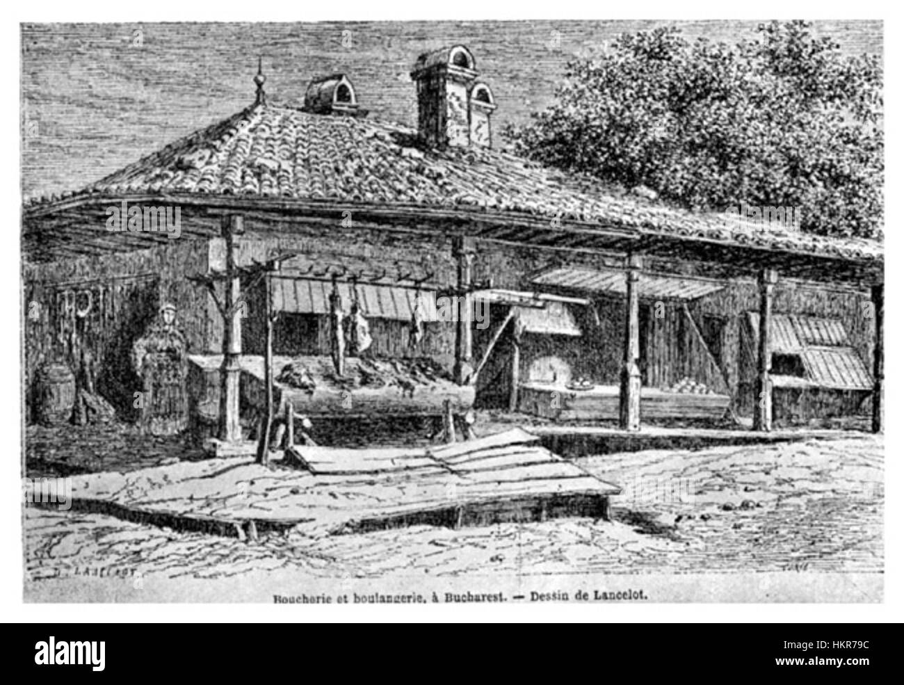 Dieses Gemälde von Lancelot aus dem Jahr 1866 zeigt eine Metzgerei in Bukarest und fängt die lebhafte Atmosphäre eines Marktes aus dem 19. Jahrhundert ein. Die Szene zeigt verschiedene Fleischstücke und tägliche Marktaktivitäten, die den lokalen Handel und das urbane Leben der damaligen Zeit widerspiegeln. Stockfoto