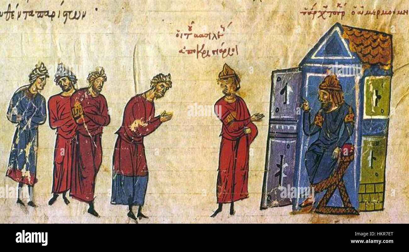 Ein Gemälde, das den Besuch der byzantinischen Abgesandten beim Kalifen darstellt. Das Kunstwerk beleuchtet ein wichtiges historisches diplomatisches Ereignis zwischen dem Byzantinischen Reich und den islamischen Kalifaten. Stockfoto