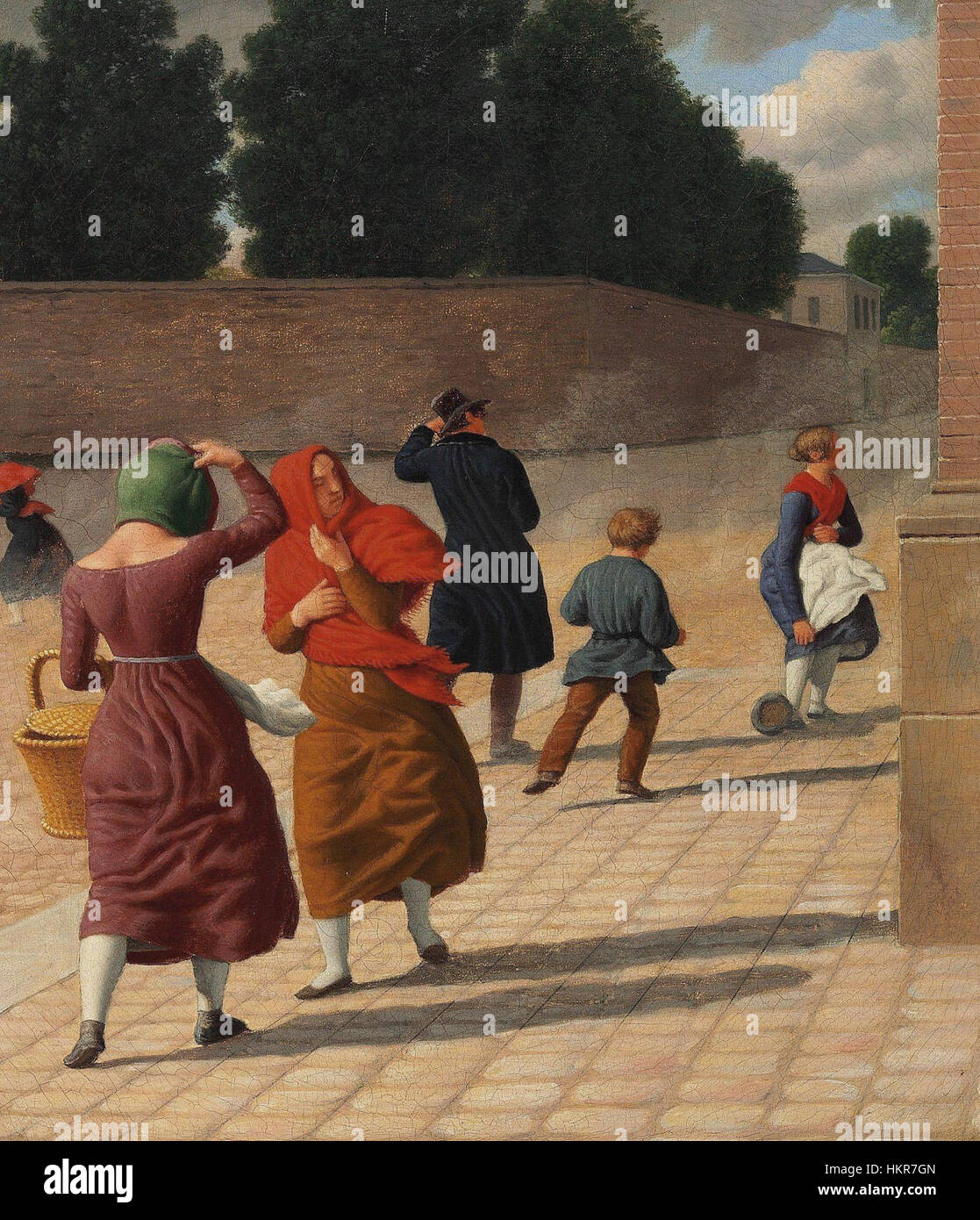 * EN Storm* von C. W. Eckersberg ist eine dramatische Küstenlandschaft, die ein Schiff in einer stürmischen See darstellt. Das Gemälde betont die Stärke der Natur und die menschliche Widerstandskraft und zeigt Eckersbergs Meisterschaft, die turbulenten Kräfte des Ozeans und die Kraft der Elemente zu erfassen. Stockfoto