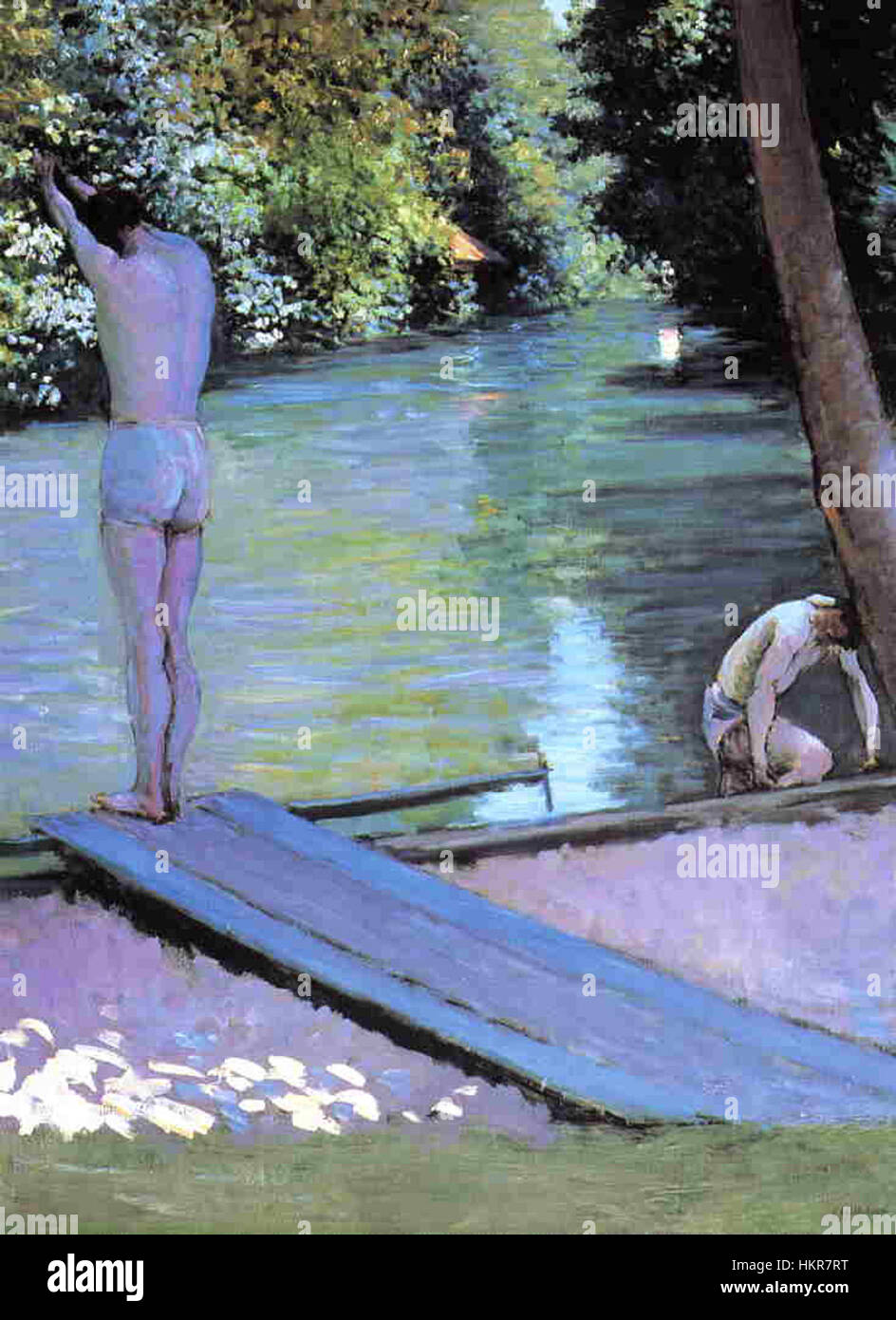 „Baigneur“ von Gustave Caillebotte ist ein ikonisches impressionistisches Gemälde, das einen Mann zeigt, der in einer natürlichen Umgebung schwimmt. Bekannt für seinen realistischen Stil, fängt Caillebotte die Bewegung und das Licht ein, das vom Wasser reflektiert wird, ein Markenzeichen seiner Arbeit. Das Stück veranschaulicht die Fähigkeit des Künstlers, moderne Motive mit detailliertem Realismus zu verbinden. Stockfoto