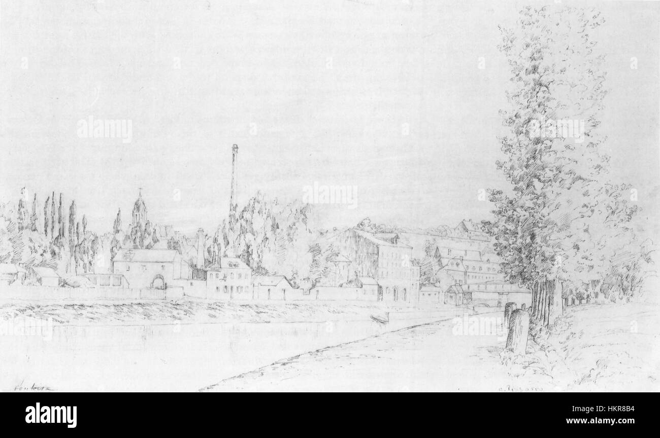 Camille Pissarros „Blick auf Pontoise“ (1867) zeigt seine Fähigkeiten in der Erfassung ländlicher Landschaften. Das Gemälde zeigt eine friedliche Szene der Stadt Pontoise, mit Betonung der natürlichen Schönheit und des Alltags der Region, was Pissarros impressionistischen Stil veranschaulicht. Stockfoto