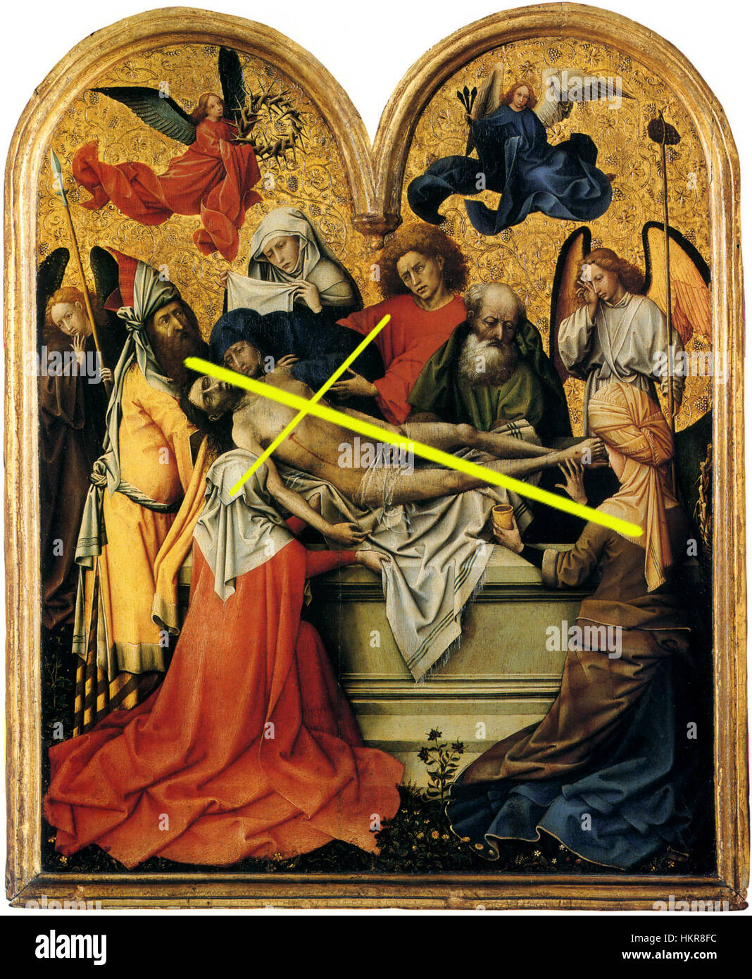 Dieses Kunstwerk von Campin mit dem Titel „Enterrament liniesCreu“ spiegelt die detaillierte religiöse Darstellung des Künstlers wider, die in der Kunst der frühen Renaissance üblich ist. Es konzentriert sich auf eine Begräbnisszene, in der das heilige Thema und die komplizierte Verwendung von Licht und Schatten dargestellt werden. Stockfoto