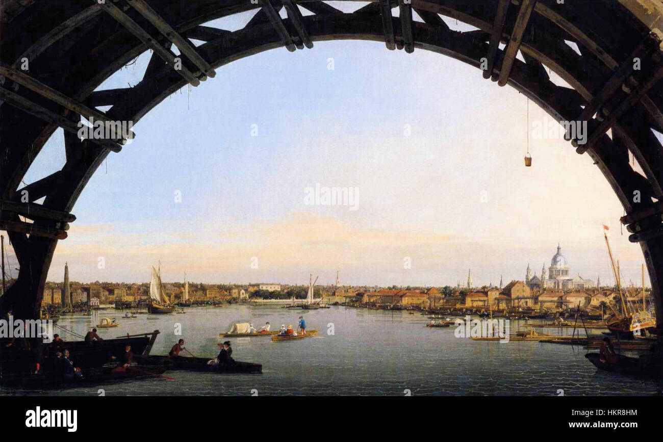 Dieses Gemälde von Canaletto fängt einen Blick auf London ein, gesehen durch einen Bogen der Westminster Bridge. Die Komposition spiegelt die bekannte Kunst des Künstlers wider, architektonische und urbane Landschaften zu erfassen, wobei der Schwerpunkt auf Details und Pracht der Stadt während des 18. Jahrhunderts liegt. Stockfoto
