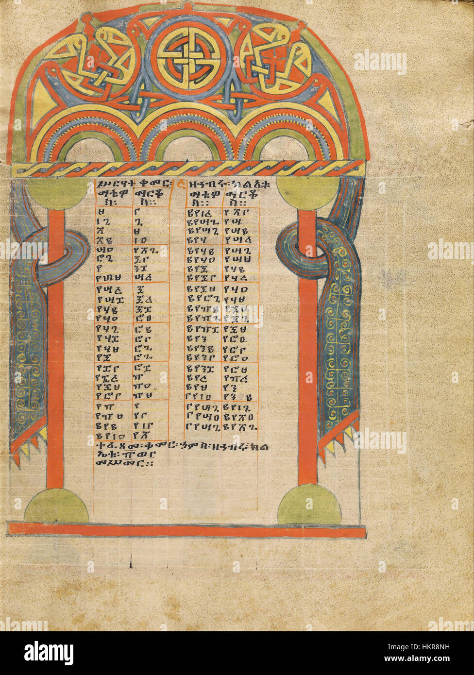 Dieses Kunstwerk zeigt eine Seite aus dem Canon Table, ein wichtiges historisches Manuskript. Die kanonischen Tabellen sind Teil frühchristlicher biblischer Kodizes, die für Querverweise auf Schriften verwendet werden. Das komplexe Design und die historische Bedeutung des Werkes machen es zu einem Schlüsselstück für das Verständnis frühchristlicher Texte und biblischer Studien. Stockfoto