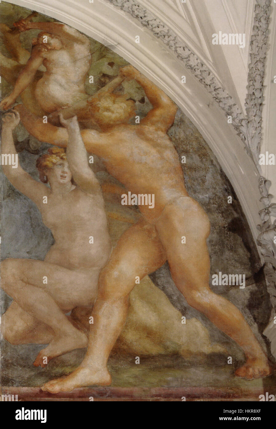 Das Gemälde „Cappella Cesi, cacciata dal paradiso terrestre“ zeigt eine Szene der Vertreibung aus dem Garten Eden. Das Kunstwerk ist eine Darstellung der biblischen Geschichte, die den Moment feststellt, als Adam und Eva aus dem Paradies verbannt wurden. Es ist ein bemerkenswertes religiöses Kunstwerk. Stockfoto Das Gemälde „Cappella Cesi, cacciata dal paradiso terrestre“ zeigt eine Szene der Vertreibung aus dem Garten Eden. Das Kunstwerk ist eine Darstellung der biblischen Geschichte, die den Moment feststellt, als Adam und Eva aus dem Paradies verbannt wurden. Es ist ein bemerkenswertes religiöses Kunstwerk. Stockfoto