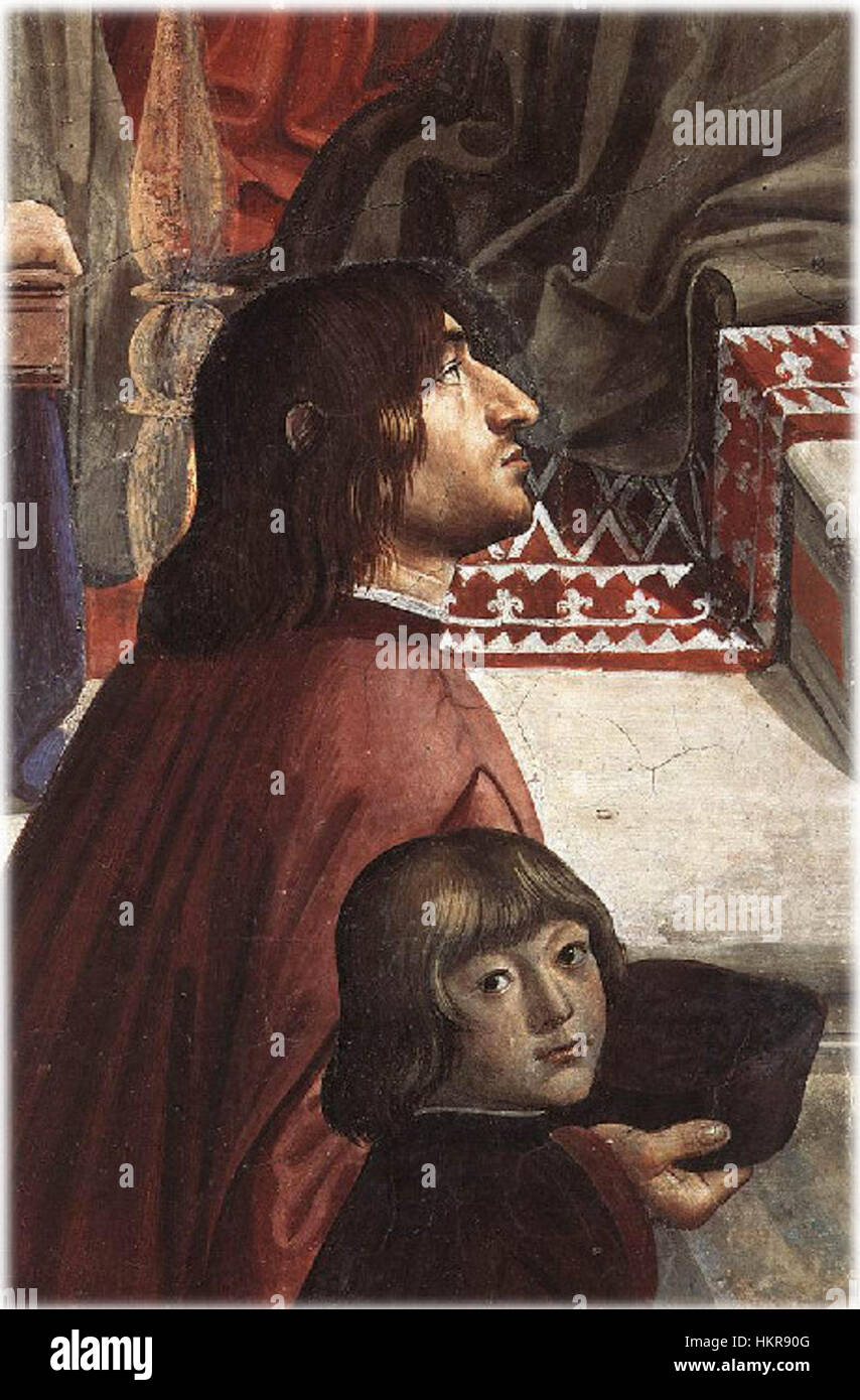 Ein Fresko von Domenico Ghirlandaio in der Sassetti-Kapelle in Florenz, das Angelo Poliziano und Giuliano de' Medici darstellt. Ghirlandaios detaillierter und realistischer Stil hebt Schlüsselfiguren der italienischen Renaissance hervor und zeigt den Einfluss der Familie Medici und ihre intellektuellen Beiträge. Stockfoto