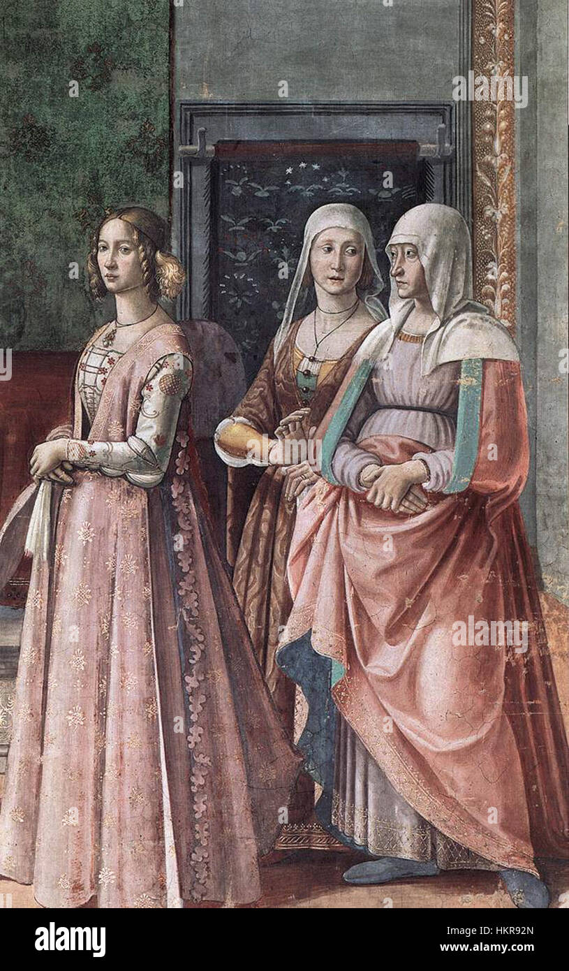 Das Gemälde „Geburt des Heiligen Johannes des Täufers“ in der Cappella Tornabuoni zeigt die biblische Szene der Geburt des heiligen. Dieses Ölgemälde ist ein Musterwerk religiöser Kunst aus der Renaissance. Stockfoto