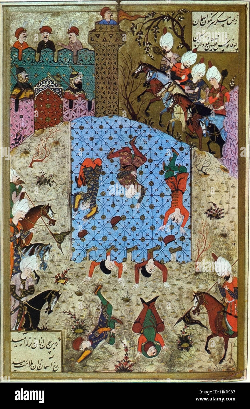 Die „Eroberung Budas“ (1526) zeigt die historische Belagerung und den Fall der Stadt Buda während der osmanisch-ungarischen Kriege. Das Kunstwerk fängt den intensiven militärischen Konflikt ein und zeigt die strategische und historische Bedeutung des Ereignisses. Stockfoto