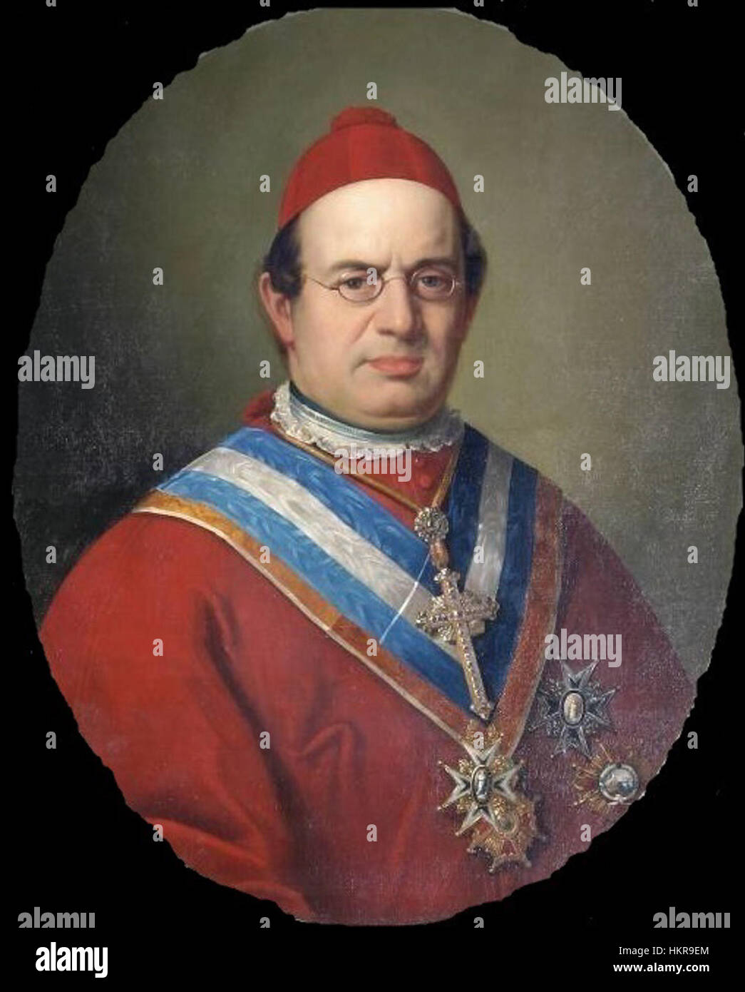 Dieses Porträt zeigt Fernando de la Puente y Primo de Rivera, den Erzbischof von Burgos, der im 19. Jahrhundert diente. Bekannt für seine religiöse Führung spiegelt das Gemälde seine wichtige kirchliche Rolle wider. Stockfoto