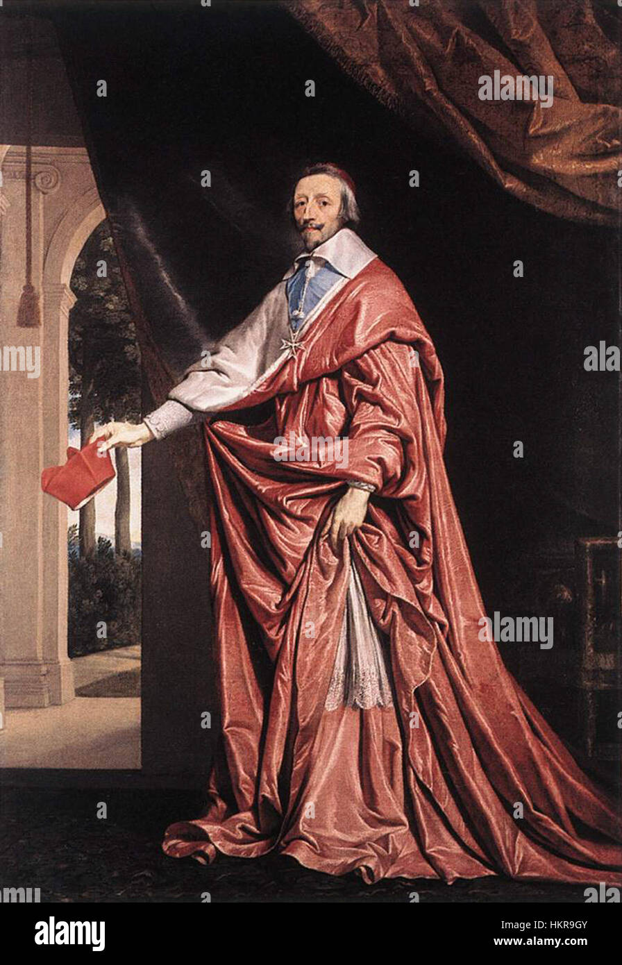 Dieses Gemälde von Philippe de Champaigne zeigt Kardinal Richelieu, einen prominenten französischen Staatsmann aus dem 17. Jahrhundert. Das Porträt unterstreicht seine einflussreiche Rolle in der französischen Politik und sein Vermächtnis als Kardinal. Stockfoto