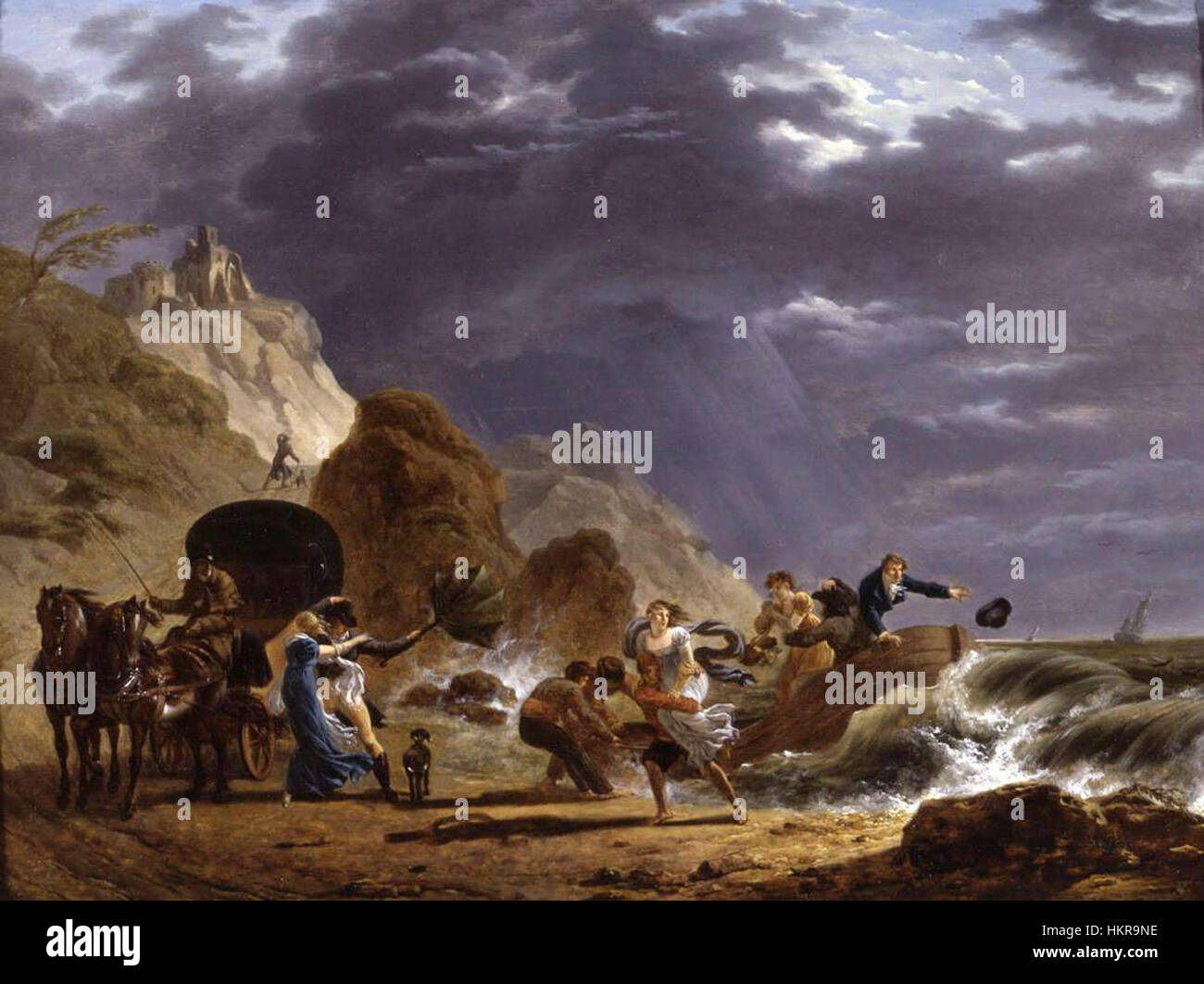 Ein Gemälde von Carle Vernet, das die Ankunft von Emigern mit der Herzogin von Berry an der französischen Küste darstellt. Das Werk reflektiert Themen des Exils, der politischen Geschichte und der französischen Aristokratie während der postrevolutionären Periode. Stockfoto