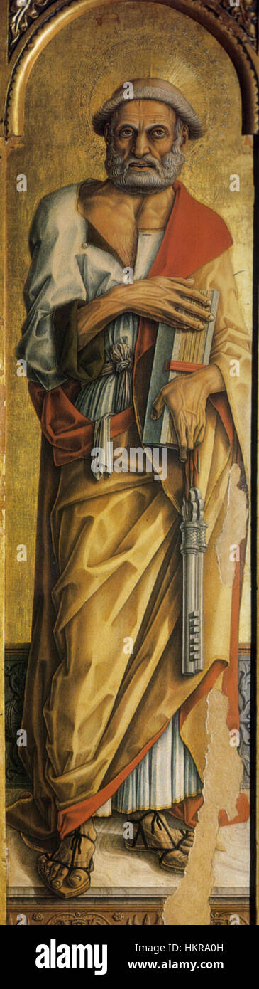 Dieses Werk von Carlo Crivelli mit Montefiore und Pietro zeigt die detaillierten religiösen Bilder des italienischen Meisters, die oft in seinen ikonischen Altaraufsätzen zu finden sind. Die kräftigen Farben und die feinen Pinselarbeiten sind ein Beispiel für Crivellis charakteristischen Stil aus dem späten 15. Jahrhundert. Stockfoto