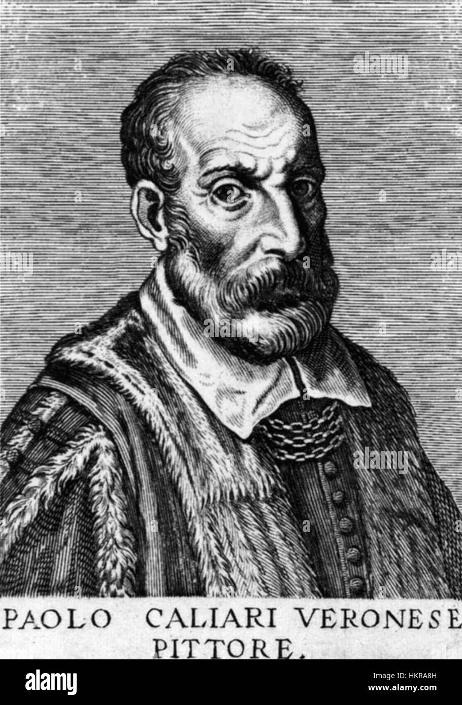 Ein Kunstwerk von Carlo Ridolfi mit dem Werk von Paolo Veronese, bekannt für seine dramatische Komposition und lebendige Farbpalette. Dieses Stück unterstreicht Veronese' Einfluss auf die Barockzeit und zeigt die geschickte Nutzung von Licht und Raum. Stockfoto