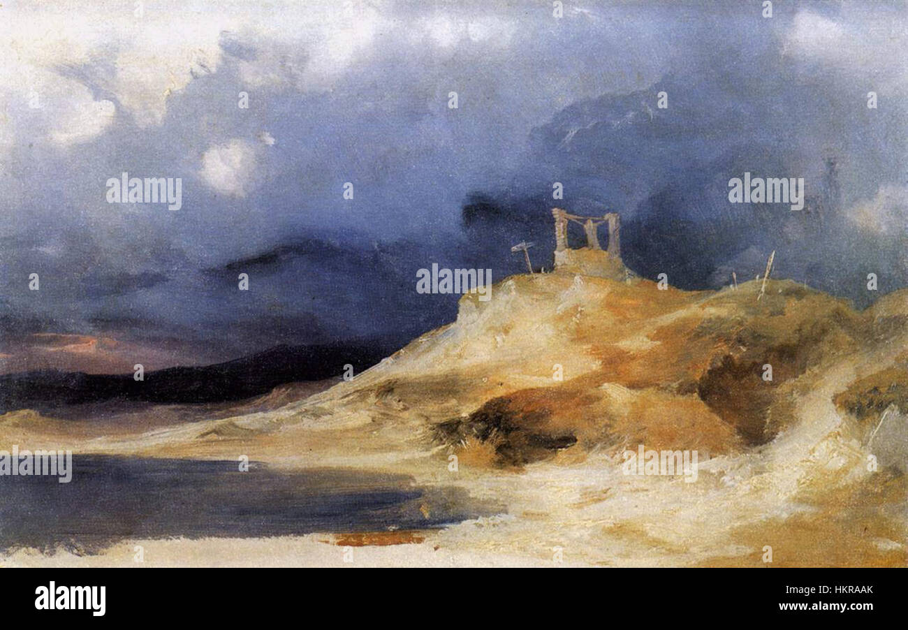 Carl Blechens „Gerüst im Sturm“ fängt einen Moment intensiver Naturschauspiele ein und zeigt ein Baugerüst inmitten eines heftigen Sturms. Das Werk vermittelt den Konflikt zwischen menschlichem Bemühen und der Kraft der Natur. Die stürmische Atmosphäre schafft Spannungen und unterstreicht die Anfälligkeit menschlicher Bemühungen gegen unkontrollierbare Kräfte. Das Stück ist ein starkes Beispiel für Landschaftsmalerei aus dem 19. Jahrhundert mit dramatischem Realismus. Stockfoto