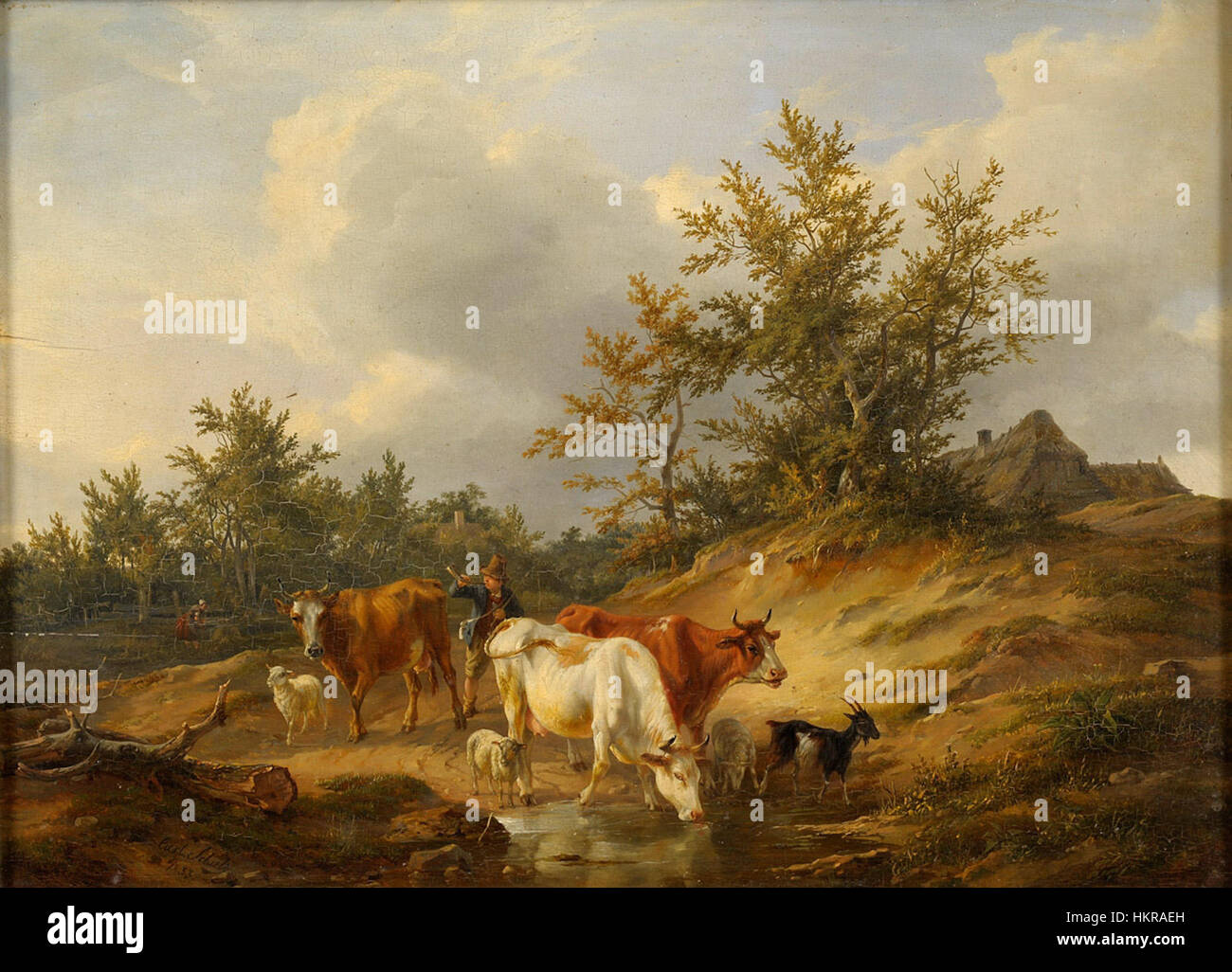 Carl Friedrich Schulz’ „Austrieb der Herde“ (1833) fängt eine Rinderherde ein, die auf die Weide getrieben wird. Das Gemälde ist ein schönes Beispiel für den deutschen Realismus des 19. Jahrhunderts, der sich mit dem ländlichen Leben und dem Verhältnis von Mensch und Tier befasst. Stockfoto