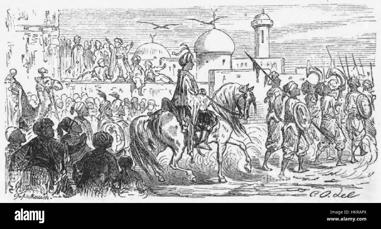 „Der neue Kalif Mizra“ von Carl Offterdinger zeigt eine dramatische Szene mit dem neuen Kalifen. Das Kunstwerk betont historische und kulturelle Themen und zeigt komplexe Details in einem künstlerischen Stil des 19. Jahrhunderts. Stockfoto