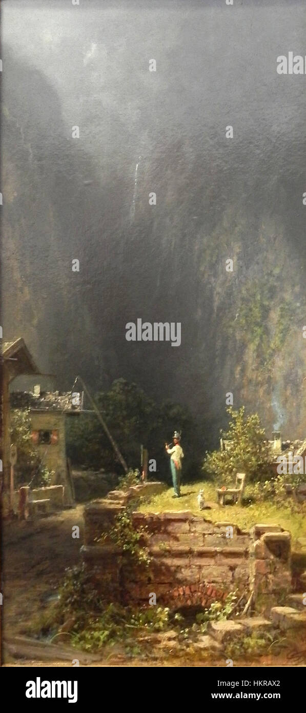 Ein Gemälde von Carl Spitzweg mit dem Titel „österreichischer Wächter“, das eine Einzelfigur, möglicherweise eine Wache, in einer ruhigen österreichischen Landschaft zeigt, die typisch für Spitzwegs Stil des 19. Jahrhunderts ist. Stockfoto