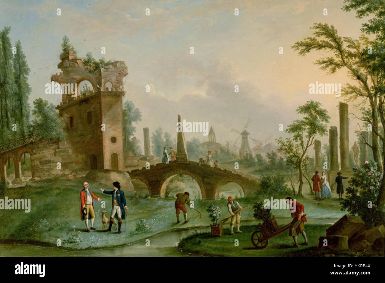 Dieses Gemälde von Carmontelle zeigt einen Blick auf den Parc Monceau, einen berühmten Park in Paris. Das Kunstwerk fängt die ruhige Schönheit der Landschaft des Parks ein und zeigt sein klassisches französisches Gartendesign mit Wegen, Bäumen und klassischen architektonischen Elementen. Stockfoto