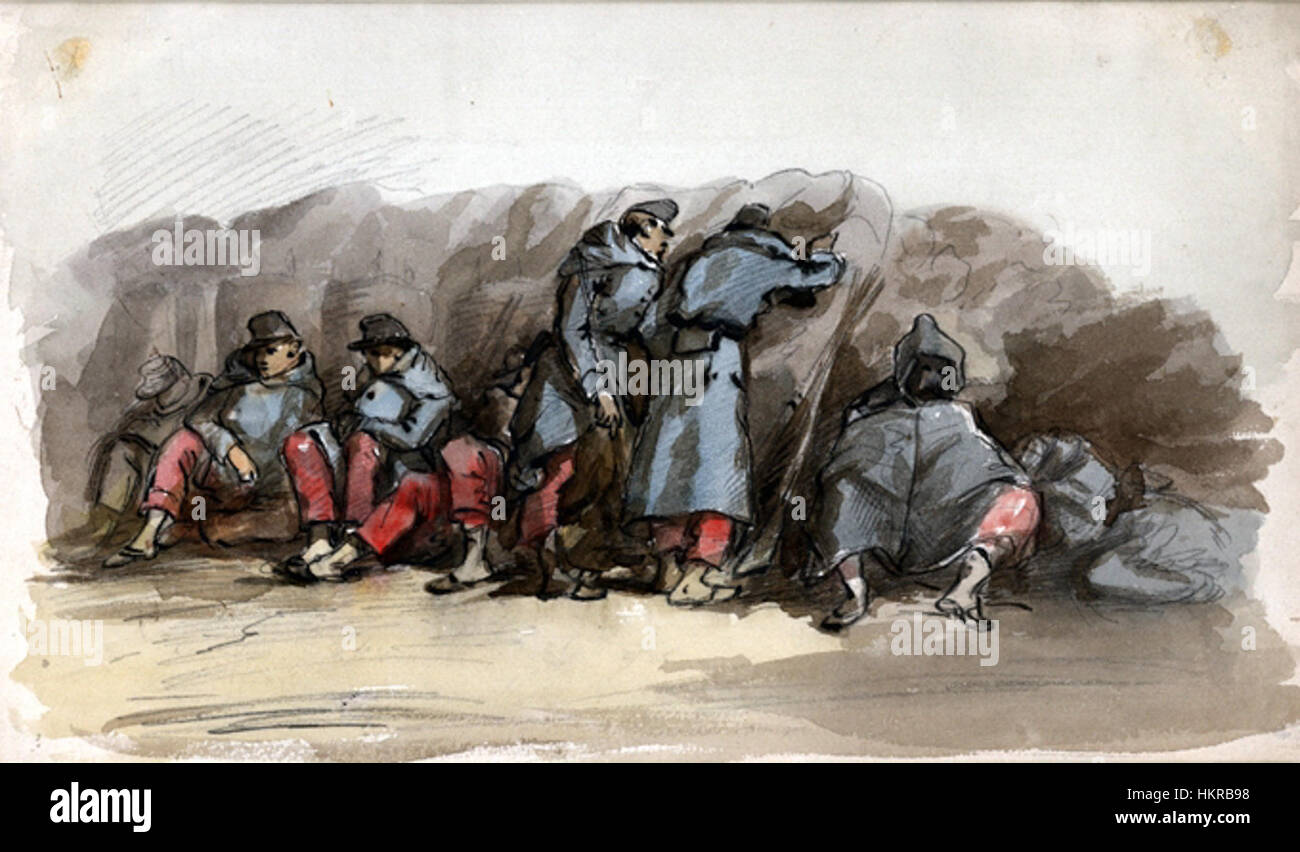 Carol Popp de Szatharys „Soldati francezi in bivuac“ zeigt französische Soldaten im Lager und erfasst die Atmosphäre und das tägliche Leben des Militärs während eines Konflikts im 19. Jahrhundert. Das Gemälde bietet Einblicke in das militärische Leben und die Disziplin der Zeit. Stockfoto
